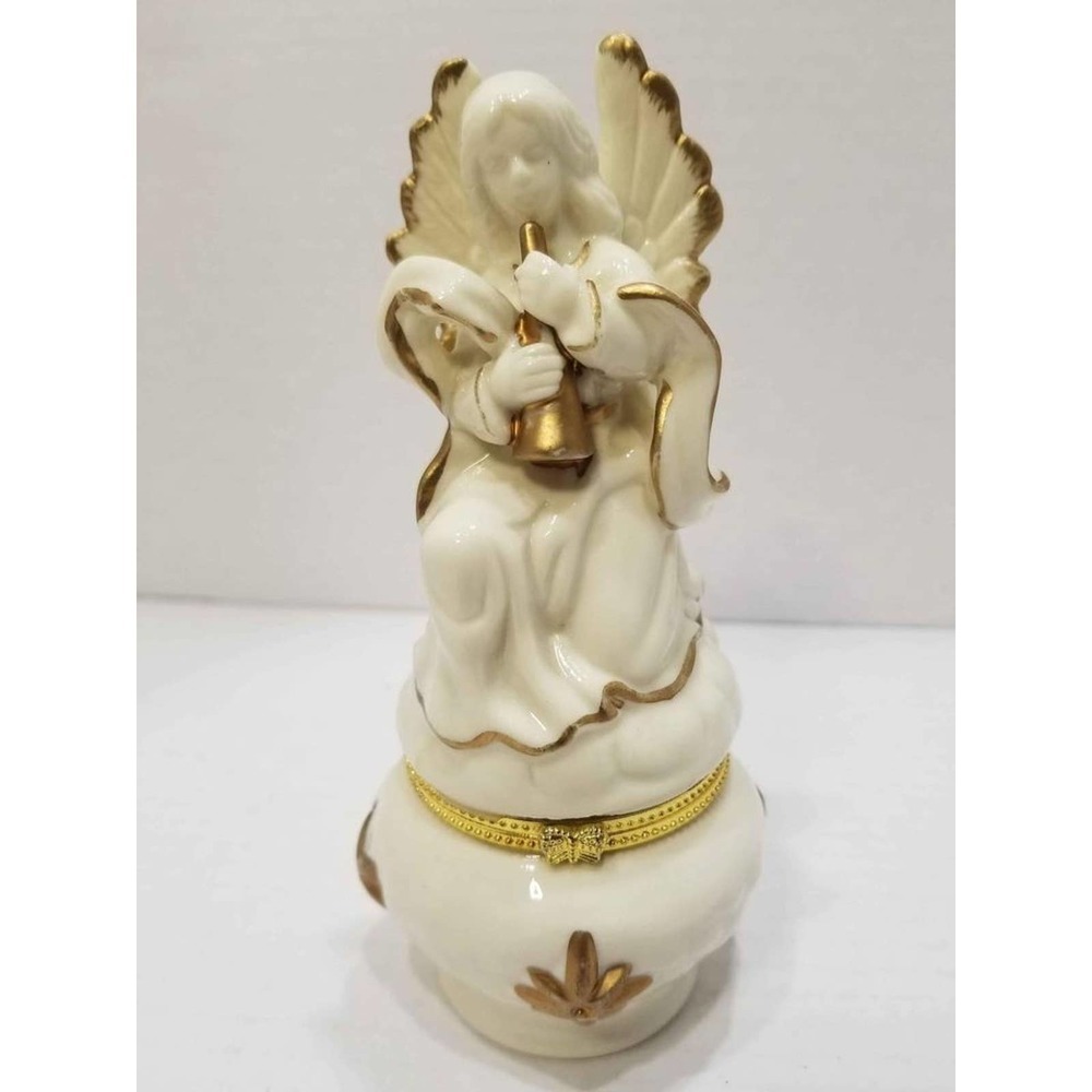 Angel Trinket Hinged Box  Porcelain Gold Trim Collectible